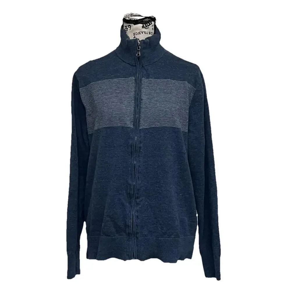 Banana Republic Full Zip Cotton Knit Sweater Medium Blue Striped Y2K Preppy